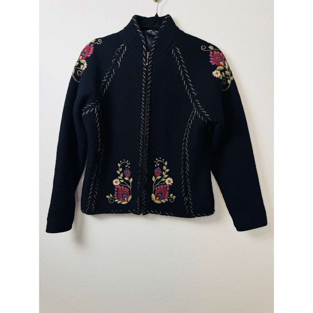 Icelandic Design Womens Wool Floral Embroidered Zip Up Jacket Black Small Nordic